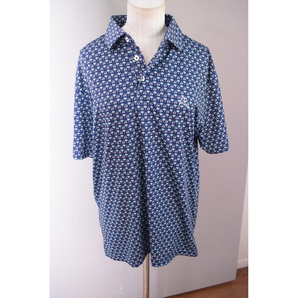 Rhoback Golf Polo Shirt Mens Medium Blue Palm Tree The Koopa Golf Cart - Picture 2 of 6